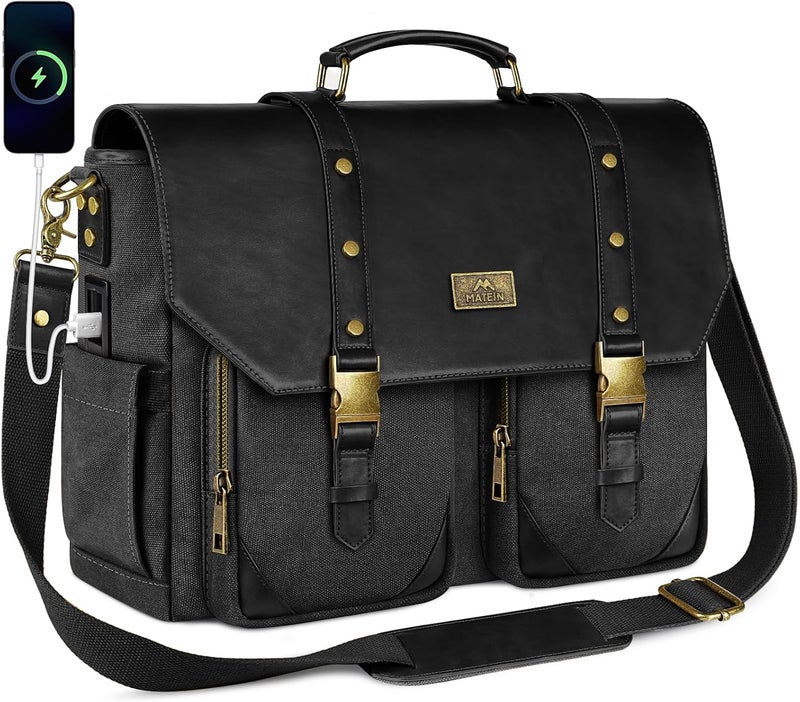MATEIN Vintage Messenger Bag for Women, 15.6 Inch Laptop Bag Large Canvas PU Leather Briefcase with USB Port, Water Resistant Computer Shoulder Satchel Crossbody for Work Commuting, Grey-Black - Image 1